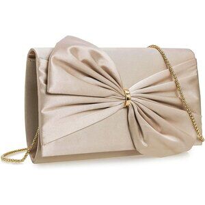 ⚡ Women's Elegant Evening Tan Satin Bow Shoulder Chain Strap Clutch Handbag